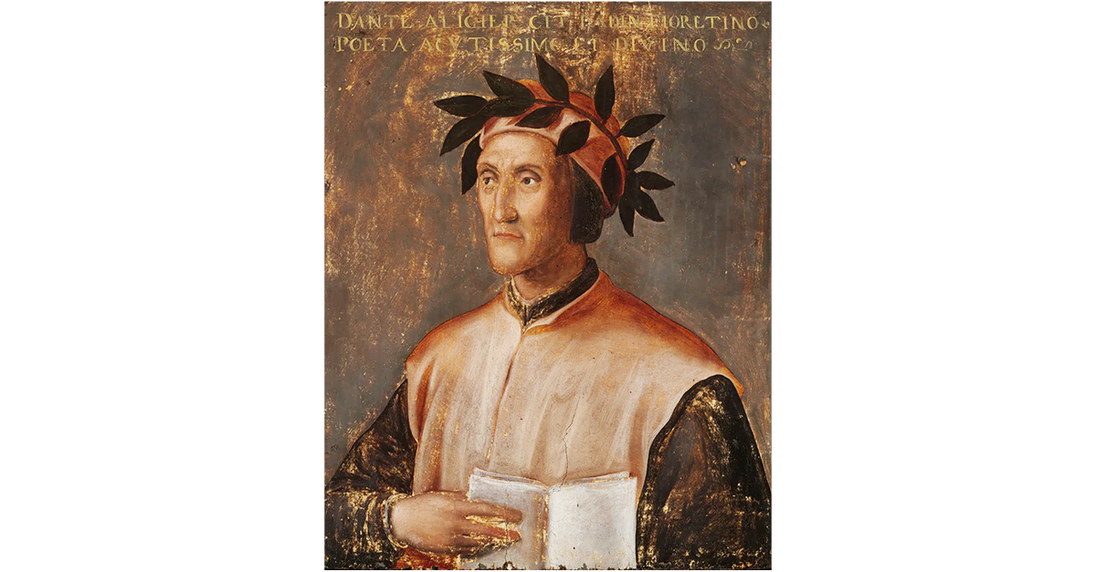 A painting depicting a man holding a book, symbolizing the history of the Italian language.