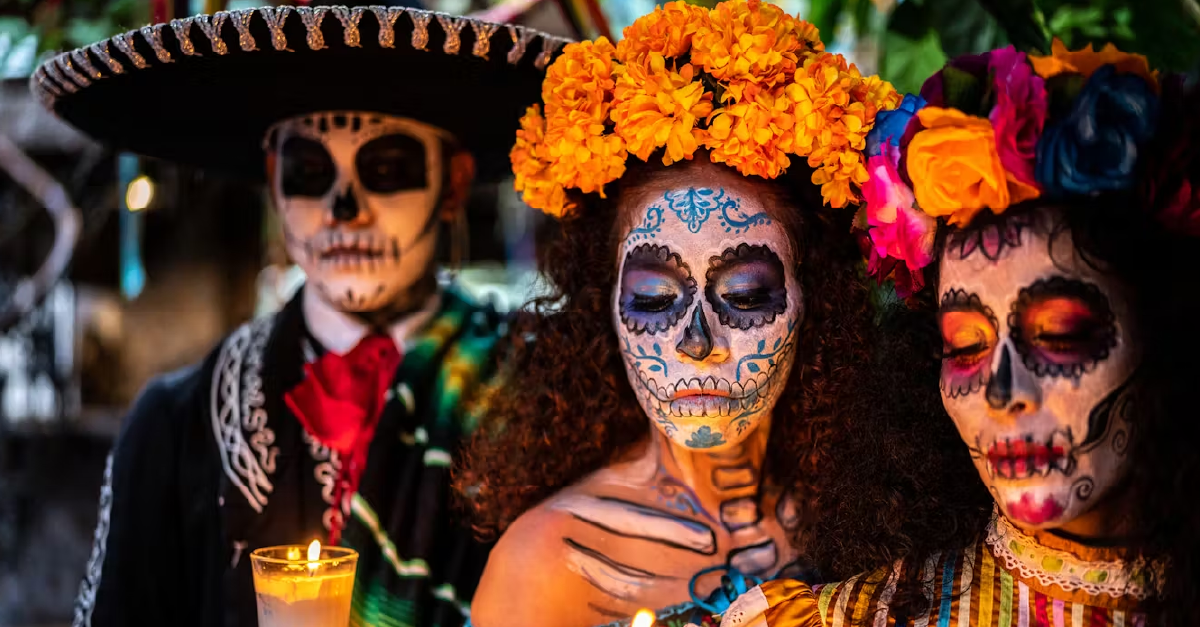 Colorful Day of the Dead altar adorned with marigolds, sugar skulls, and candles, celebrating Mexican culture and traditions.