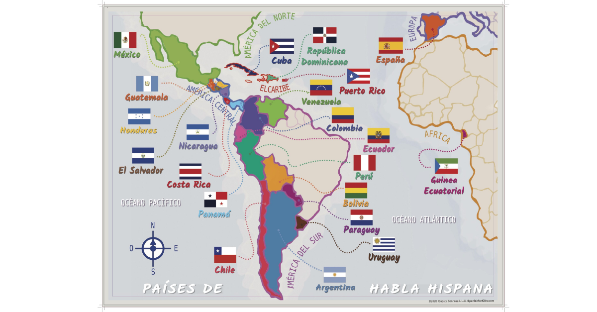 World map highlighting Spanish-speaking countries with their respective flags displayed prominently.